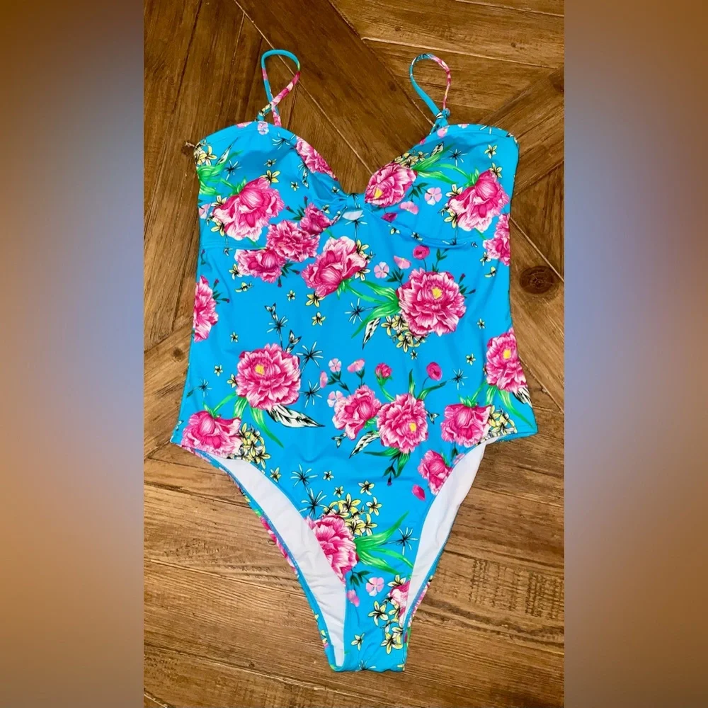 Betsey Johnson Blue Floral One Piece Swimsuit - Picture 1 of 11